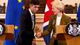Britannian pääministeri Rishi Sunak ja EU-komission puheenjohtaja Ursula von der Leyen kättelivät Windsorissa, kun Britannia ja EU pääsivät sopimukseen Pohjois-Irlannin kauppajärjestyksestä.