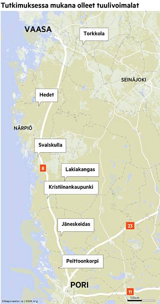 Lepakoiden esiintymistä tutkittiin kuudella tuulivoimala-alueella Porin ja Vaasan välisellä rannikkoalueella.