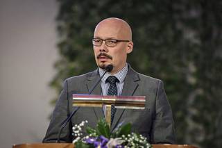 Ilkka Huhta Sovinto 100 -kansalaisfoorumissa Kallion kirkossa 20. tammikuuta 2018.