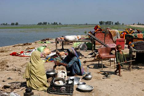 Naiset valmistavat ruokaa paettuaan tulvia Shikarpurissa Pakistanissa 31. elokuuta 2022.