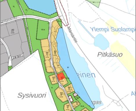 Huutokauppaan aiottu, punaisella karttaan merkitty tontti sijaitsee Mäntäntien läheisyydessä olevan Valkeisen vierellä.