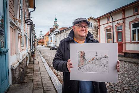 Mika Honkanen on maalannut Isoraastuvankadun useita kymmeniä kertoja. Tämä teos on tehty tusseilla ja vesiväreillä.