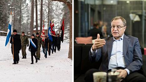 Viime vuonna itsenäisyyspäivän lippurintamaa johti NRU:n puheenjohtaja Jussi Järvinen. Oikealla Kerholan juhlaan puhujaksi saapuva Hannu Himanen.