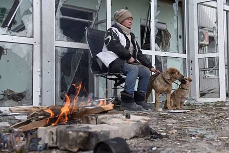 Nainen istui koiriensa kanssa tulen äärellä. He ovat separatistien miehittämässä Volnovahkan pikkukaupungissa, joka sijaitsee Donetskin alueella. 