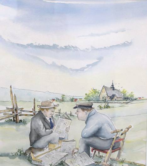 Tapani Kiipan maalaus vuodelta 1992 kuvailee, miten rymättyläläiset isännät pohtivat uuden lehden perustamista pellon reunassa 1930-luvun alussa.