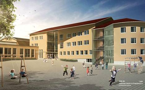 Tältä Mäntykallion koulu näyttää havainnekuvassa. Kohteen kvr-urakoitsijaksi valittiin SRV Rakennus Oy.