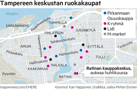 Kartta näyttää: Tällainen on ruokakauppojen kilpailutilanne Tampereen  keskustassa – Kolmen ketjun valtataistelu ja yksi pieni tekijä - Uutiset -  Aamulehti