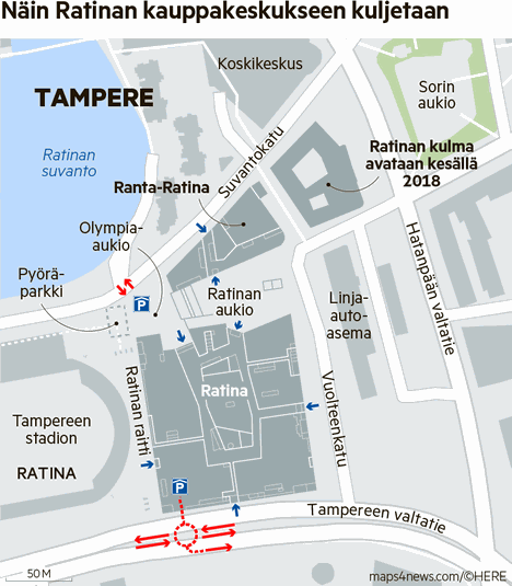 Ratinan kauppakeskus: reitit, sisäänkäynnit ja liikennejärjestelyt -  Tampere - Aamulehti
