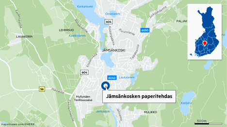 Jämsänkosken paperitehdas sijaitsee Jämsänkosken keskustan eteläpuolella.
