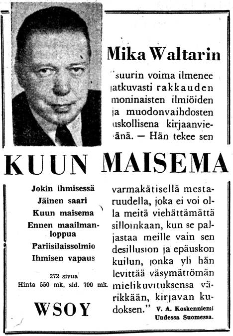 Näin kustantaja mainosti Waltarin Kuun maisemaa Aamulehdessä vuonna 1953.