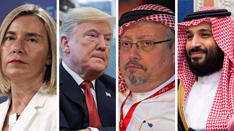 Federica Mogherini ja Donald Trump vaativat muiden länsimaiden tavoin Saudi-Arabialta lisää selvityksiä siitä, mitkä asiat johtivat toimittaja Jamal Khashoggin (toinen oik.) kuolemaan. Länsi joutuu nyt miettimään, uskooko se kruununprinssi Mohammed bin Salmanin olleen epätietoinen tapahtumista.