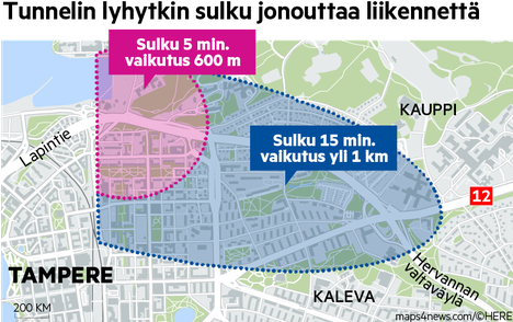 Kartta: Näin nopeasti ruuhka leviää, kun Tampereen rantatunneli suljetaan -  Tampere - Aamulehti