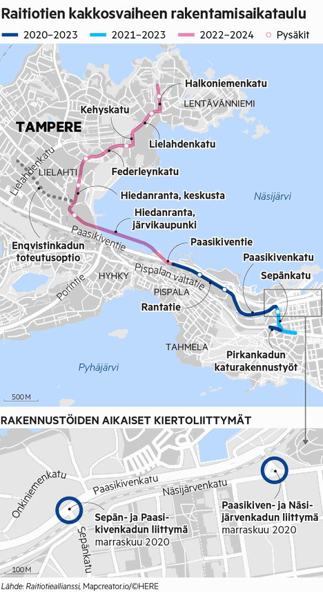 Ratikka: Katso kartalta, miten toisen vaiheen rakentaminen etenee - Tampere  - Aamulehti