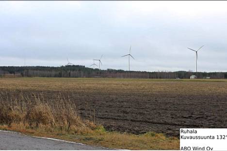 ABO Wind Oy suunnittelee Ruhalaan enintään viiden tuulivoimalan puistoa. Havainnekuva Ruhalan suunnasta. Kuvakaappaus Murskemäen esiselvityksestä.