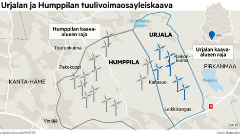 Tuulivoimaloita tulisi yhteensä 17, joista 6 Urjalaan ja 11 Humppilaan.