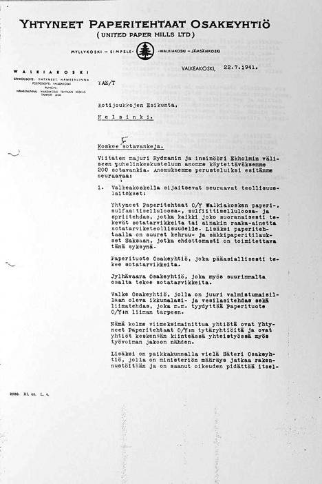 Yhtyneiden paperitehtaiden lähettämä anomuskirje, joka johti Valkeakosken sotavankileirin perustamiseen kesällä 1941.