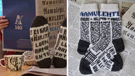 ”Ei saa häiritä, luen Aamulehteä” kuuluu näiden sukkien selkeä viesti. Taidokkaat villasukat on suunnitellut ja tehnyt Anni Ketola.