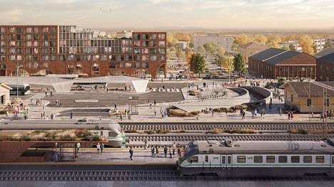 Vuoden 2021 havainnekuvassa näkymä pohjoisesta radan yli uudelle matkakeskukselle. Kuvaan on hahmoteltu punatiilinen asuinrakennus nykyisen linja-autoaseman paikalle. Kuvan oikeassa reunassa näkyvät rautatieasema ja Teollisuusasema suojellaan kaavalla.