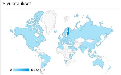 Kartalla näet sinisellä merkityt valtiot, joissa avattiin Tyrvään Sanomien verkkosivu vuonna 2021.