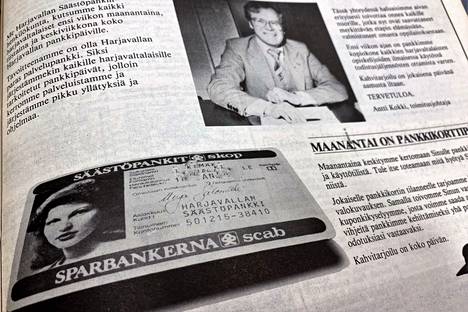 Omistajan kuva oli varhaisissa pankkikorteissa keskeisessä osassa. Kuva on otettu Harjavallan Säästöpankin mainoksesta Harjavalta-lehdestä.