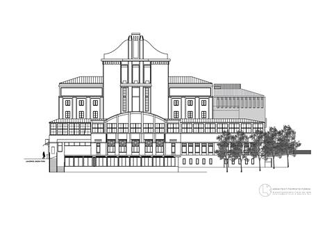 Teatteritalo kuvassa Hämeenkadun puolelta. Lisärakennus näkyy harmaana oikealla. 