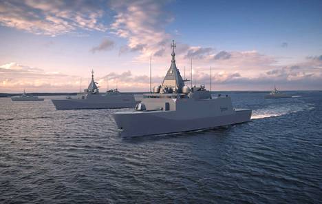 Puolustusvoimien havainnekuva Suomen merivoimien neljästä uudesta monitoimikorvetista saaristossa.