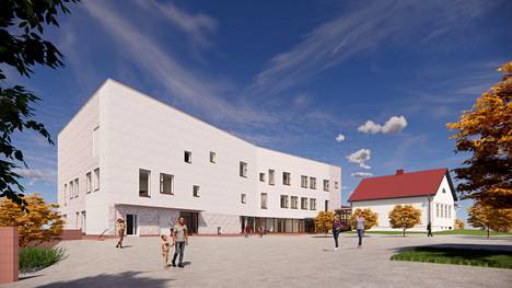 Kangasalan Ruutanan koulun alue muuttuu merkittävästi muutaman seuraavan vuoden aikana. Havainnekuvassa uudisrakennus, jonka julkisivu tulee olemana pääosin paikalla muurattua tiiltä. 