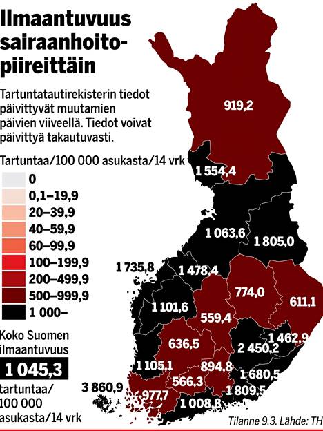 Satakunnan alueellinen tartuntatautien torjunnan työryhmä (ATTR) kokoontui perjantaina käsittelemään alueen epidemiatilannetta ja sen vaatimia toimenpiteitä. Kuvassa Suomen koronatilanne viime keskiviikolta.
