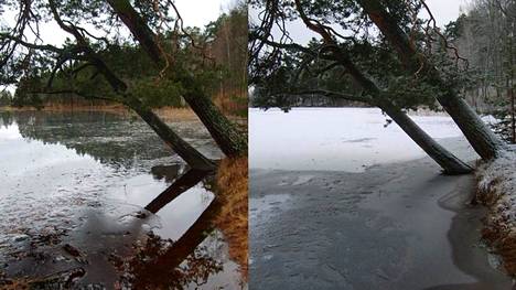 Lumeton kuva on otettu sairaalanrannassa 30. joulukuuta 2007 ja lumellinen 31. joulukuuta 2007.