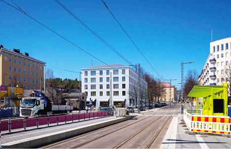 Tällainen on asemakaavaehdotuksen aineiston havainnekuva Pirkankadulta Heinätorin suuntaan Tampereella. Se on yhdistelmä kahdesta aiemmasta asemakaavaluonnoksesta. 
