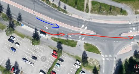 Kun linja-auto lähtee pysäkiltä taajamassa, vaaditaan kaikilta tarkkaavaisuutta ja varovaisuutta. Erityisen hankala tilanne voi syntyä, kun välissä on yksi kaista kuvan tapaan. Punainen on linja-auton reitti ja sininen muun liikenteen.
