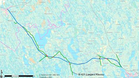 Vaasasta Jyväskylään kulkevan valtatie 18:n oikaisun Multialta Myllymäelle on suunniteltu lähtevän Multian taajaman pohjoispuolelta kohti Liesjärven kylää. Oikaisun linjaus kartassa sinisellä. Oikaisu lyhentäisi matkaa nykyiseen Väätäiskylän kautta kiertoon verrattuna noin kahdeksan kilometriä ja tekisi välistä oikeasti valtatietasoisen.