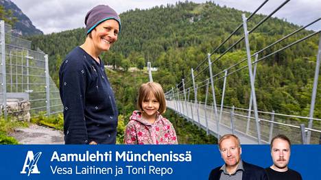 Äiti Monika Schirutschke ja tytär Mathilde empivät, uskaltautuvatko 406 metriä pitkälle riippusillalle. Kameralle Mathilde Schirutschke hymyili, vaikka muuten itketti.