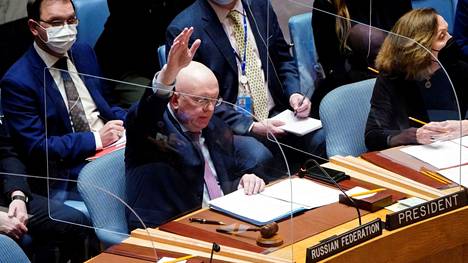 Venäjän suurlähettiläs Vassily Nebenzia äänesti Yhdistyneiden kansakuntien turvallisuusneuvoston kokouksessa 25. helmikuuta. Venäjä käytti veto-oikeuttaan torpatakseen päätöslauselman.