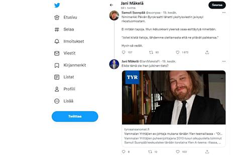 Perussuomalaisten eduskuntaryhmän puheenjohtaja Jani Mäkelä julkaisi Twitterissä linkin Tyrvään Sanomien juttuun vuodelta 2017.