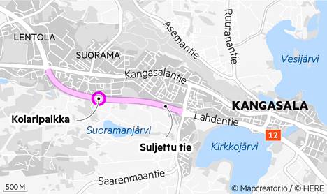 Fintrafficin Tampereen tieliikennekeskuksen mukaan kolari vaikuttaa liikenteeseen kuvassa vaalean punaisella viivalla näkyvällä alueella.