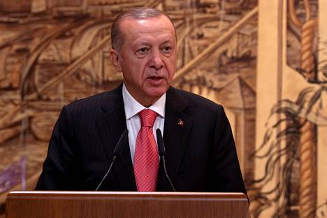Turkin presidentti Recep Tayyip Erdoğan puhui Istanbulissa 22. heinäkuuta 2022. 