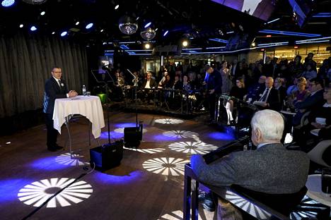 Kokoomuksen puheenjohtaja Petteri Orpo piti linjapuheensa kokoomuksen vaaliristeilyllä Suomenlahdella 29. tammikuuta 2023.
