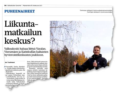 Valkeakosken Sanomat julkaisi maanantaina 18. lokakuuta paperilehdessä ja verkossa jutun kaupungin suunnitelmista liikuntamatkailun kehittämiseksi.