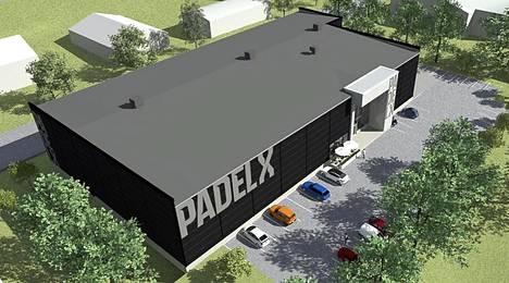 Havainnekuva Padel X -yhtiön padelkeskuksesta, joita yhtiö rakennuttaa parhaillaan eri puolille Suomea. Raumalla keskuksen paikkaa on haettu Lähdepellolta.
