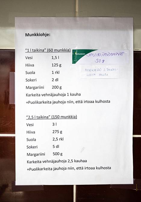 The resepti. Kuvateksti: Tampereen Seudun Sotilaskotiyhdistyksen kaikki munkit ovat vegaanisia eli ne eivät sisällä eläinperäisiä tuotteita. Munkit leivotaan veteen, ilman munaa. Yhteen munkkiin tulee 60 grammaa taikinaa.