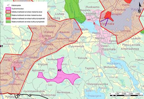 Tuulivoimaloita suunnitellaan Sastamalaan vaaleanpunaisella värillä merkitylle alueelle (numero 43).