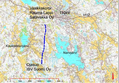 Aurinkovoimala-alueelta rakennetaan noin 4,1 kilometrin sähkölinja Satavakka Oy:n verkkoon. Kuva: IBV Suomi Oy, lunastuslupahakemus.