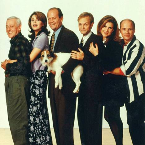 Frasier-sarjan keskeiset näyttelijät ryhmäkuvassa vuonna 1997: John Mahoney (vas.), Jane Leeves, Kelsey Grammer, David Hyde Pierce, Peri Gilpin, Dan Butler ja Moose-koira.