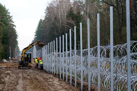 Työntekijät pystyttivät raja-aitaa Liettuassa marraskuun alussa.
