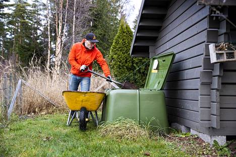 Kyläsaaren kiinteistönomistajien puheenjohtaja Heikki Lehtinen siirtää puutarhan jätteet kompostoriin.