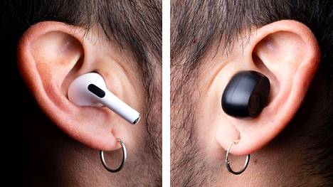 Vertailuun valittiin hintahaarukan ääripäitä edustavat Apple Airpods Pro -kuulokkeet (vas.) ja Lidlin myymät Silvercrest-kuulokkeet.