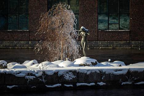 Jää kuorrutti Konsulinsaaren puun taideteokseksi. Vieressä seisoo Kultakutri-patsas, joka oli saanut lumihunnun ylleen. 