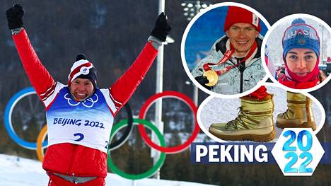Aleksandr Bolshunov on hiihtosankari. Kuvassa myös hänen Anna-rakkaansa sekä Aleksandrin kultaiset kengät.