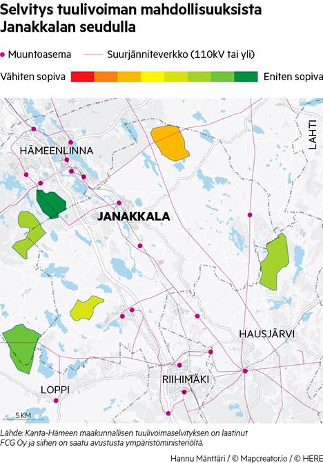 Selvityksessä näkyy tuulivoimatuotannon mahdolliset alueet Janakkalan seudulla. Alueiden värit kuvastavat niiden tämänhetkistä sopivuutta tuulivoima-alueeksi. 
